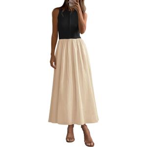 PRETTYGARDEN Maxi Dresses for Women 2025 Summer Casual Sleeveless Patchwork Flowy Vacation Sundress Knit Long Work Tank Dress (Medium, Beige Black)