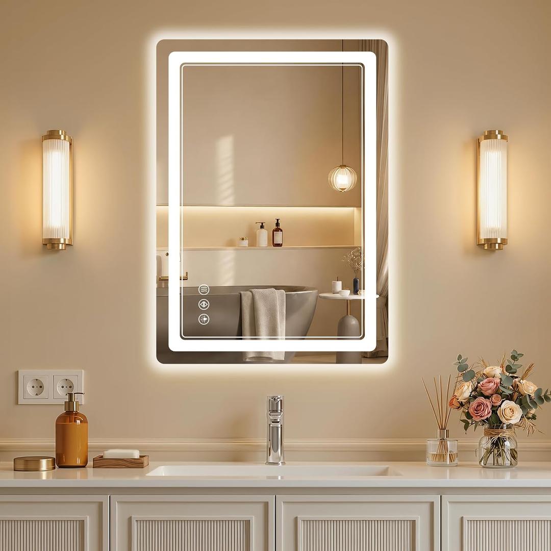 BEAUTYPEAK 20"x28" LED Bathroom Mirror with Lights, Backlit + Front Lit, Anti-Fog, Lighted Bathroom Mirror for Wall, HD Shatterproof Tempered Glass, Dimmable, Memory Function (Horizontal/Vertical)
