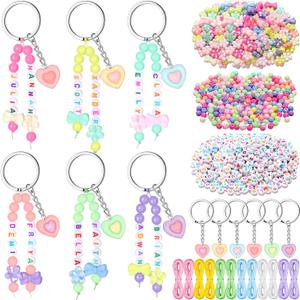 Landical 564 Pcs Bow Heart Keychain Making Kit DIY Mother's Day Bead Key Chain Craft Adjustable Name Beads String Mom Gift Easter Pastel Jewelry Backpack Accessories Holiday Party Favor(Candy Color)