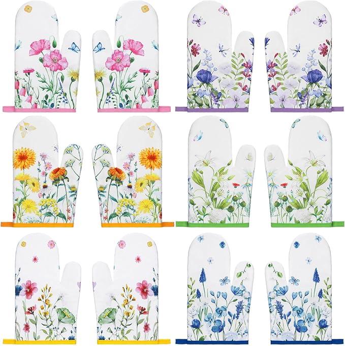 6 Pairs Spring Floral Oven Mitts Bulk Heat Resistant Flower Wildflower Oven Gloves Cute Decorative Kitchen Mitts for Spring Cooking Baking Housewarming Gifts, 6.7 x 9.8 inch
