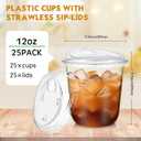 Baderke 25 Pcs Plastic Cups with Sip Lids Round Bottom Disposable Plastic Coffee Cups with Lids Clear Strawless Crystal Mugs for Iced Coffee Smoothie Cold Beverage Party Catering Supplies (12 oz)