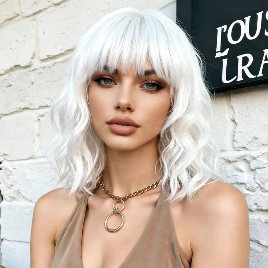 White Wigs with Bangs for Women,Shoulder Length Short Wavy Bob Wigs With Bangs Synthetic Bob Wig Curly Wig Heat Resistant Colorful Wavy Wig Cosplay Fun Wigs For Daily Party(12 Inch)