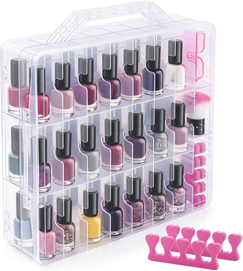 DreamGenius Nail Polish Organizer Case for 48 Bottles with 2 Nail Separators, Double Side Gel Nail Polish Holder with Adjustable Dividers, Clear