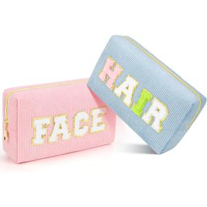2Pcs Makeup Bag for Girls Gifts, Travel Toiletry Bag for Women, Corduroy Make Up Cosmetic Pouch Cute Preppy Stuff Bags for Teen, Birthday Graduation Gifts (HAIR & FACE)