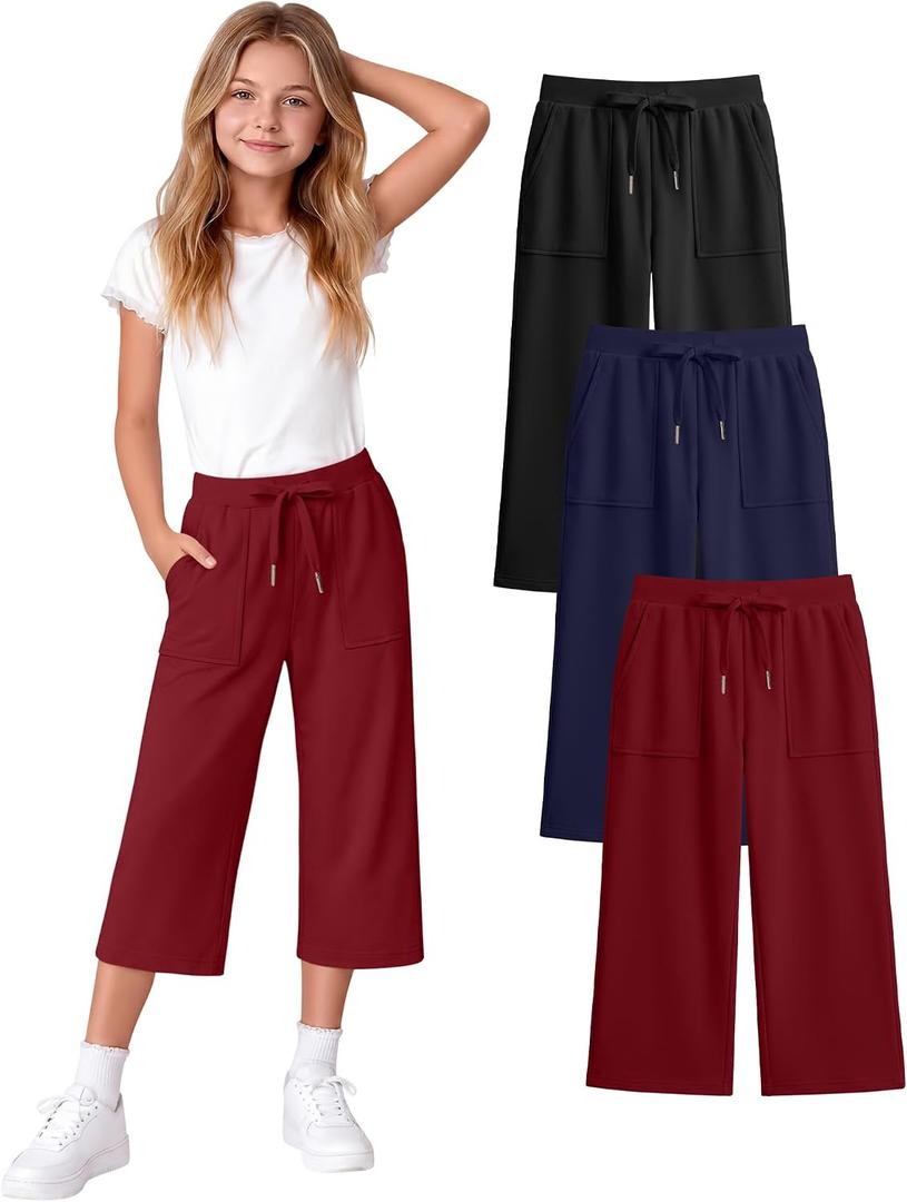 3 Pack Girls' Capri School Pants | Straight Leg, Athletic, Casual, Cropped Sweatpants, with Pockets, Summer, Loose, Back to School, Joggers, for Girls 5-14Y