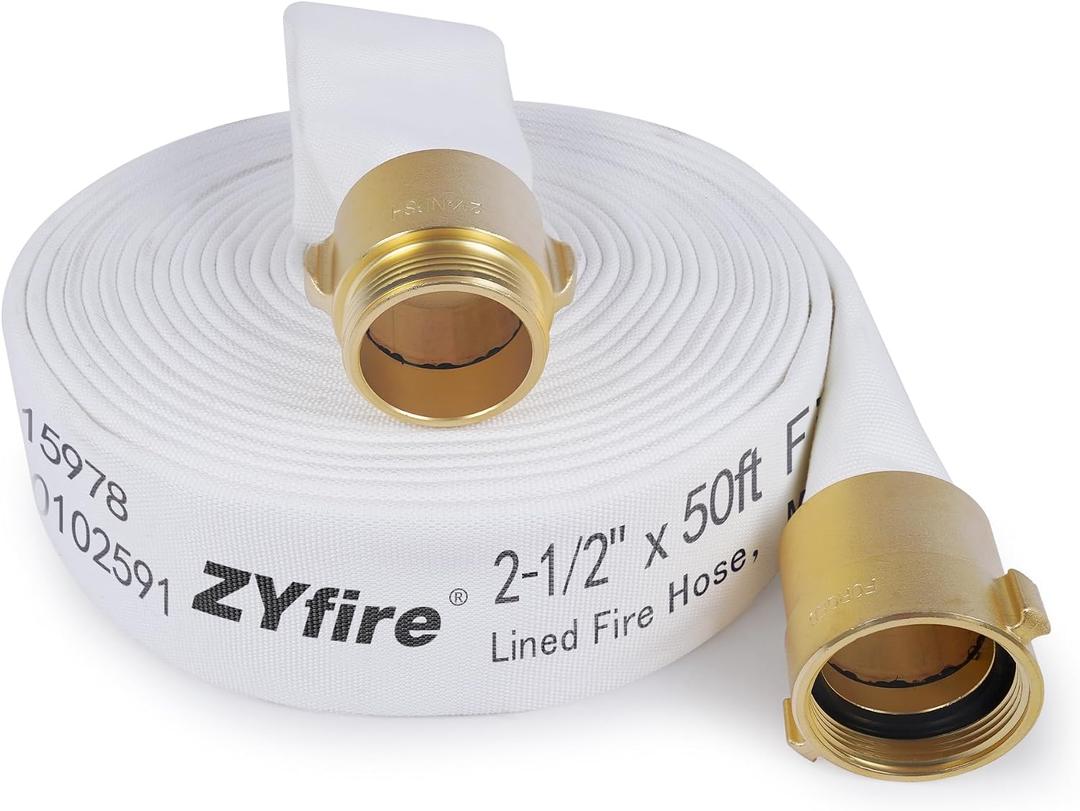 ZYfire Fire Hose - 2-1/2" ID x 50 FT Double Jacket TPU Firefighter Hose with M x F NPSH Brass Couplings 1200 PSI Burst Pressure Lightweight for Firefighting & Residential Use