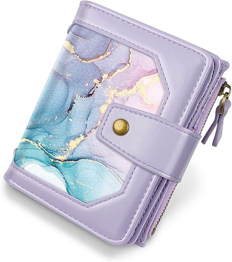 Simikol Women Leather Wallet RFID Blocking Small Bifold Zipper Pocket Wallet Card Case Purse with ID Window, Gradient Marble