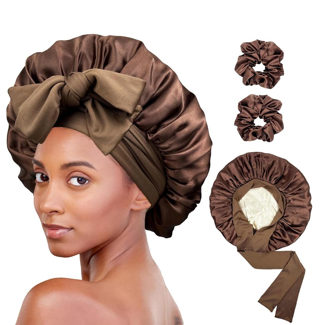 Satin Bonnet for Sleeping Silk Bonnet for Sleeping Women Double Layer Silk Hair Wrap Sleep Bonet Satin Bonnets for Curly Hair and Braids (Chocolate)
