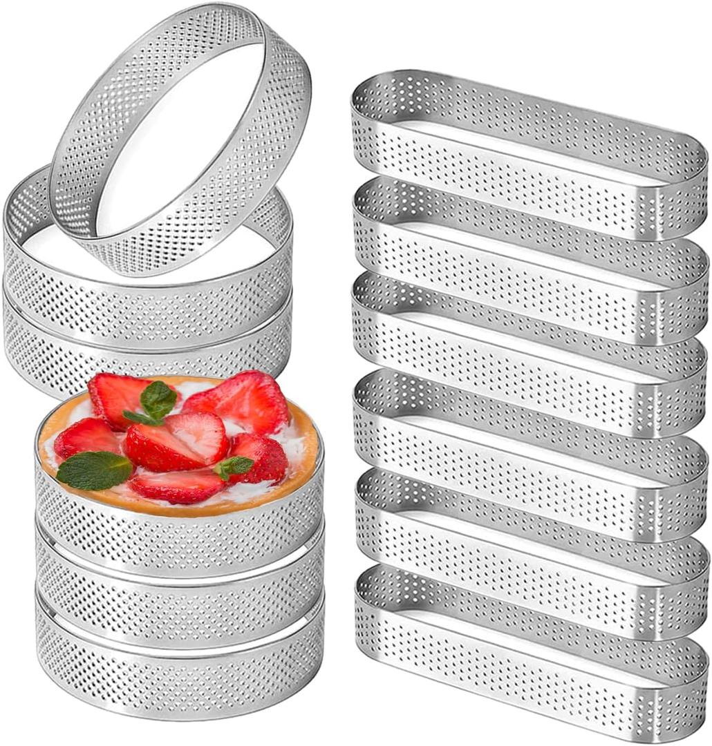 Uncle Jack 12 Pcs Stainless Steel Tart Rings, 3.15 inch + 5 inch Perforated Tart Rings for Baking, Perfect for Small Fruit Crust, French Dessert, Cake (Circle and Oval)