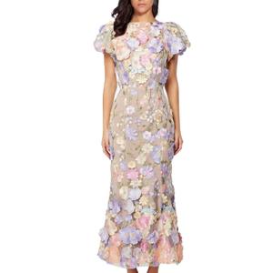NeeMee Women's 3D Floral Embroidery Dress Ruffle Sleeve Fishtail Lace Bodycon Party Cocktail Mini Dress(Purple-XL)