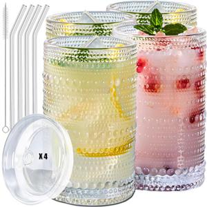4 Pcs Iced Coffee Glasses Cups with Glass Lids and Straws,12 oz Thick Emboss Beaded Drinking Glass Cup Set,Latte Glasses,Ideal for Water,Soda,Gift - with Cleaning Brushe