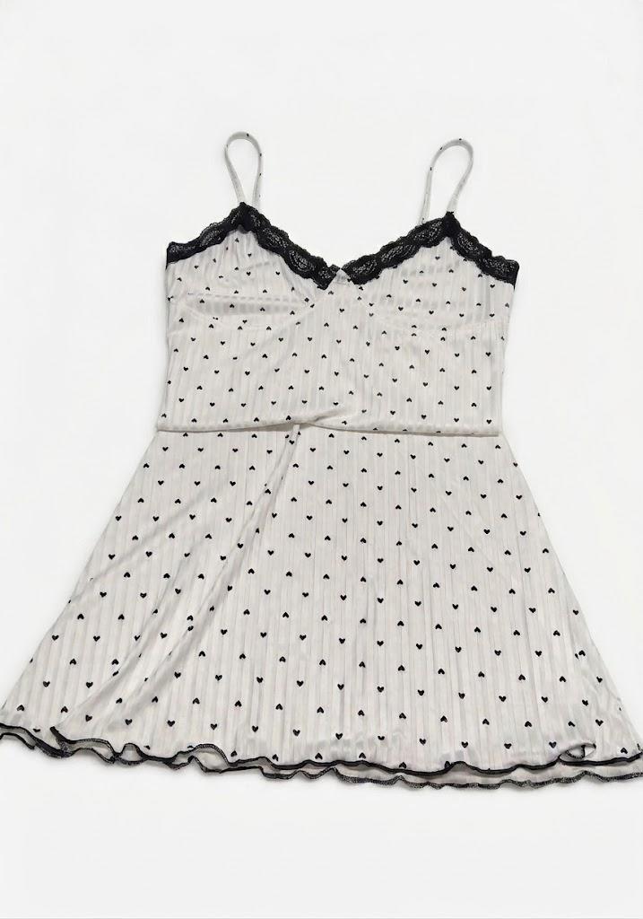 Women's White Nightdress with Black Heart Print, Lace Trim Cami Pajamas with Ruffled Hem M