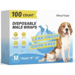 Wowflash 100 Count Dog Belly Bands for Male Dogs, Male Dog Diapers Disposable, Leakproof Dog Wraps with Wetness Indicator, Breathable Quick-Dry, Secure Fit for Doggy Puppy Training, Medium
