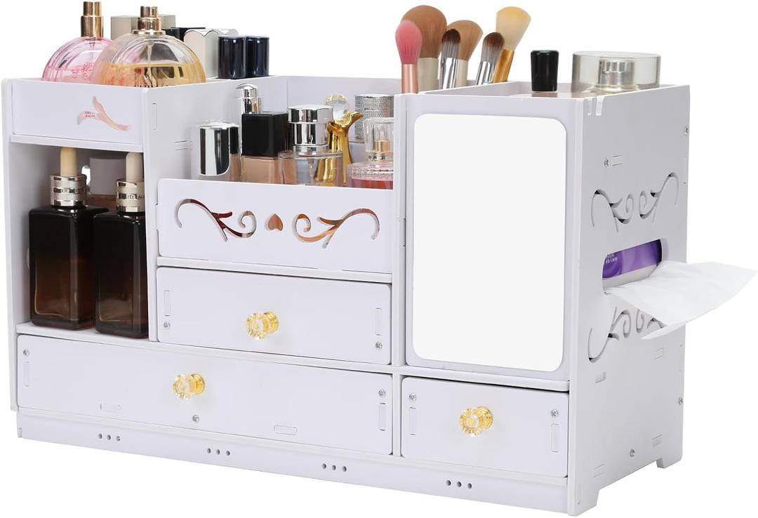 Large Vanity Makeup Organizer with Mirror for Countertop - 3 Drawers & Brush Holder | Cosmetic and Skincare Storage Desk Organizer for Dorm Room, Bathroom, Bedroom (White)