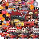 Cartoon Themed Birthday Party Decorations Set - Includes Banner, Backdrop, Tablecloth, 52 Latex Balloons, 3 Foil Balloons, 10 Chocolate Stickers, Cup Labels and Round Stickers