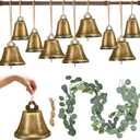 Knitgrip 10 Pcs Christmas Bell for Decoration Big Brass Bells 4 and 3 Rustic Cow Bells with Eucalyptus Garland LED Light Retractable Pole for DIY Window Fireplace Home Wall Decor