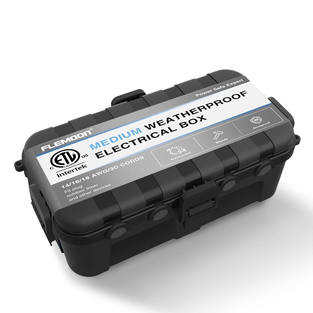 Flemoon Medium Outdoor Electrical Box (11.5x5.2x4 inch), IP54 Waterproof Extension Cord Cover w/6 Cable Entry Ports, Weatherproof Connection Box for Power Strip, Timer, Plug, Holiday Lights, Black
