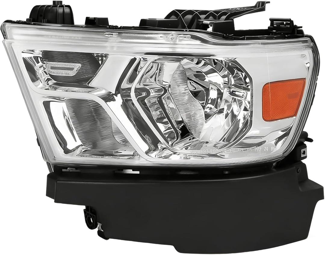 Left Driver Side Headlight Assembly Compatible with Dodge Ram 1500 20192023, Chrome Housing Halogen Headlight Replaces 68316081AJ, CH2502329