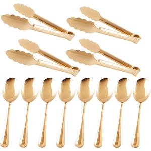 12PCS Stainless Steel Serving Utensils Sets with 8 Large Serving Spoons,4 Serving Tongs,Gold Serving Utensills Sets for Buffet Catering Banquet Party (Gold)