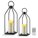 Homemory Modern Christmas Farmhouse Lantern Decor with Waterproof Flameless Candle & Remote Timer, 2PCS Black Metal Candle Lantern Decorative for Outdoor Indoor Home Living Room Patio Porch Table