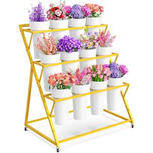 Flower Display Stand with 12 Buckets, Gold Flower Cart with Wheels 3 Layers Metal Flower Bar Stand Moving Flower Stand Florist Bouquet Shelf for Weddings Party Ceremony Indoor Outdoor Garden