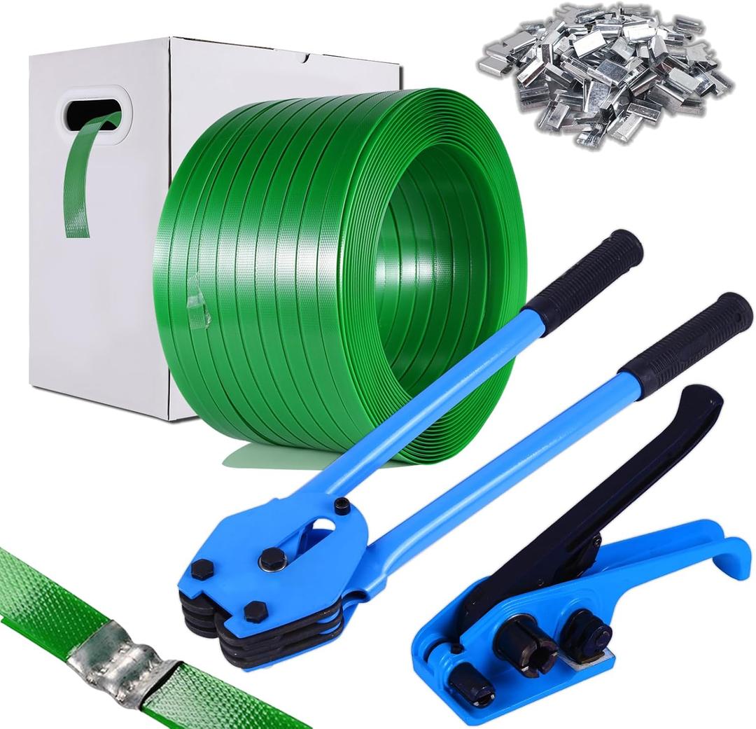 Banding Strapping Kit, Pallet Strapping Kit, Packaging Banding Tool with 5/8" Width, 1000' Length Polyester Strapping Coil Roll and Dispenser Box  Heavy Duty Certified 1200 lbs Break