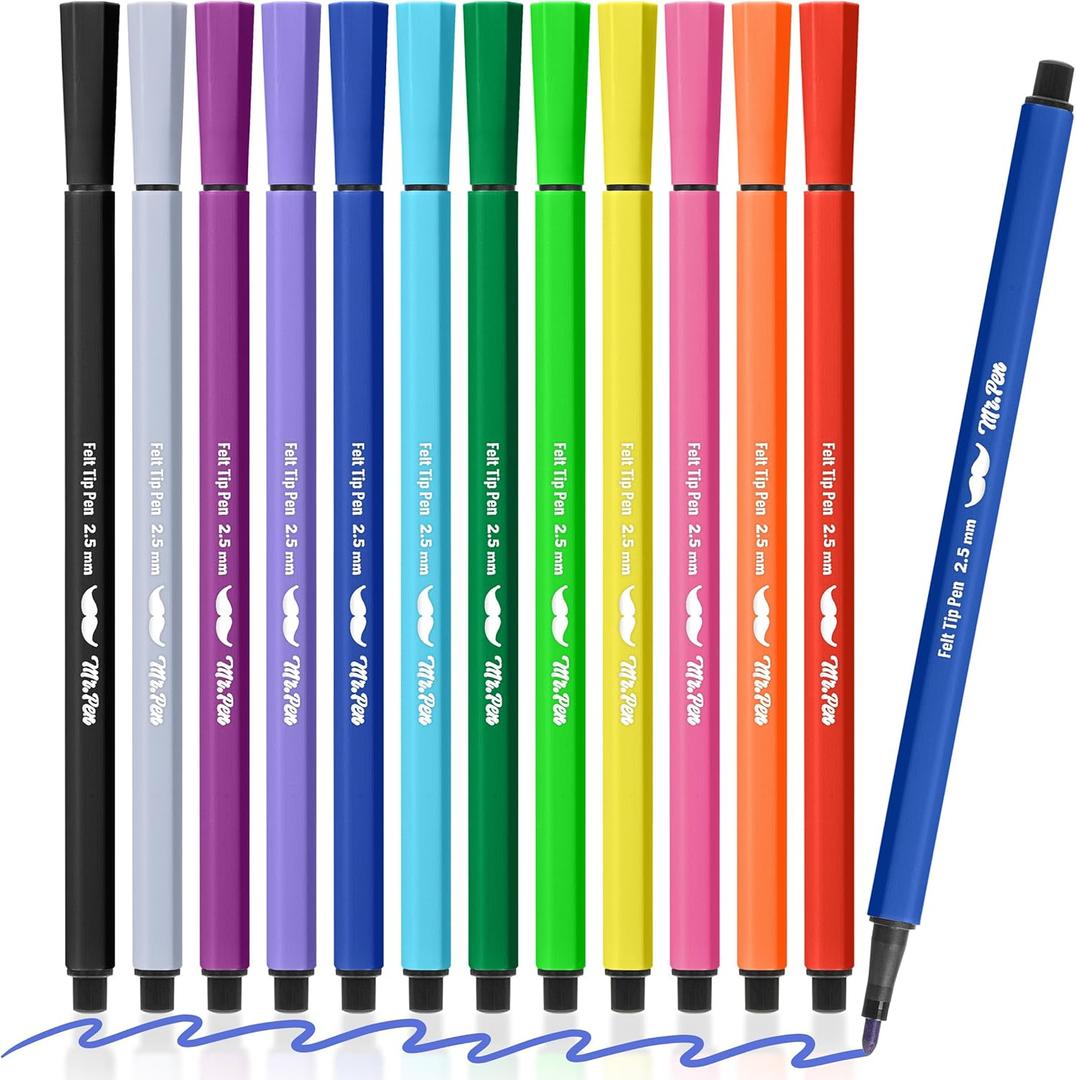 Mr. Pen- Felt Tip Markers, Assorted Colors, 12 Pack, 2.5 mm, Bold Felt Tip Pens, Bold Point, Journaling, Note Taking, Drawing