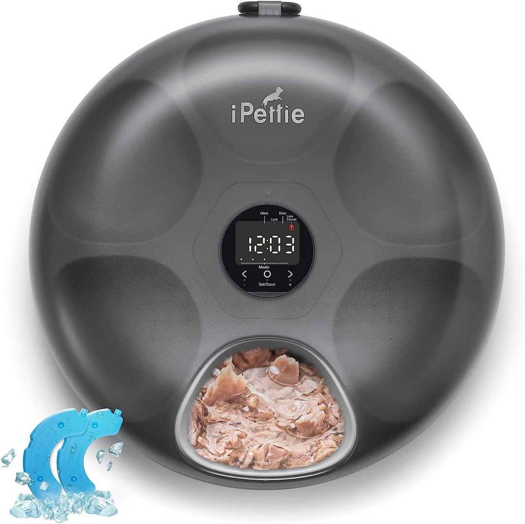 iPettie Donut Frost 6 Meal Cordless Automatic Pet Feeder, Dry & Wet Food Automatic Cat Feeder with Two Ice Packs, Rechargeable Massive Battery, Programmable Timer, Holds 6 x  lb. of Food (Black)