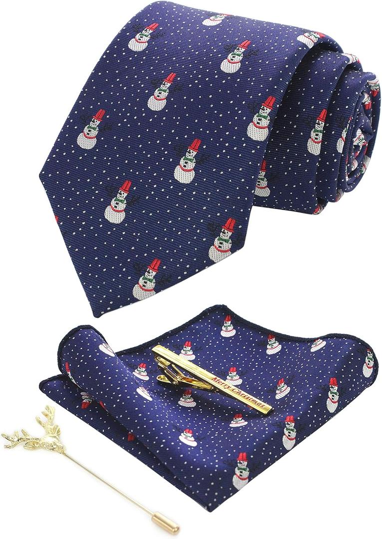 Festival Christmas Tie and Pocket Square with Tie Clip and lapel pin Set (Navy Blue7)