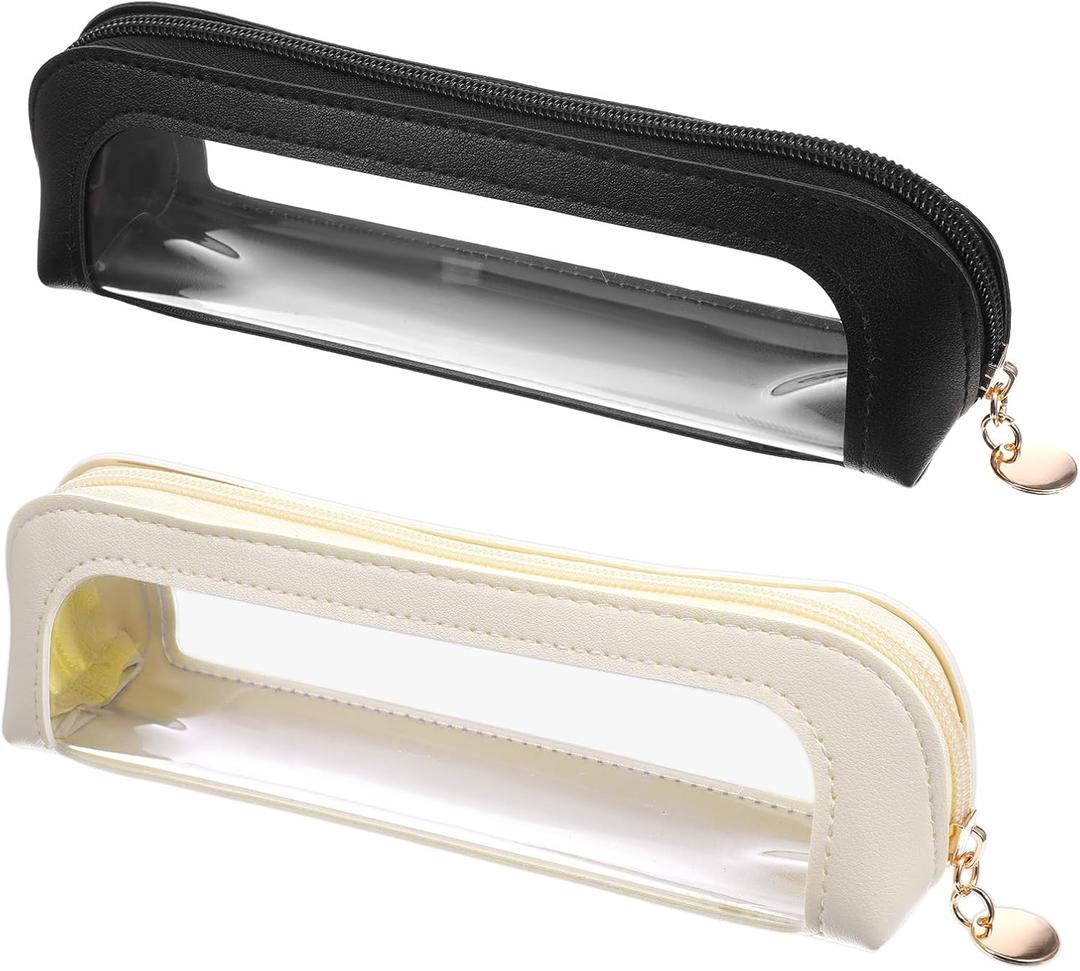 2PCS Clear Makeup Bag, Portable Small Clear Makeup Bag, Small PU Leather Waterproof Makeups Brush Bags with Zipper, Essential for Home and Travel (Apricot Black)
