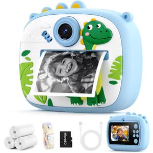 Kids Camera Instant Print, Kids Digital Camera with Photo Printing, Print Paper & 32GB Card, Kids Print Camera Birthday Gifts for Girls Boys 3 4 5 6 7 8 9 10 Year Old (Blue Dinosaur)