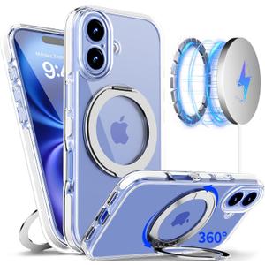 Magnetic for iPhone 16 Case with 360 Spin Stand [Compatible with MagSafe] [Military-Grade Protection] [Detachable Strip] Anti-Yellowing Slim Case for iPhone 16 6.1", White