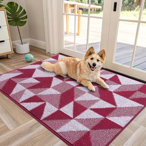 OLANLY Large Door Mat Indoor Entrance Washable 48x32, Odor-Free Low-Profile Front Back Geometric Doormat, Absorbent Resist Dirt Entry Carpet, Easy to Clean Sturdy Floor Mats for Entryway, Burgundy