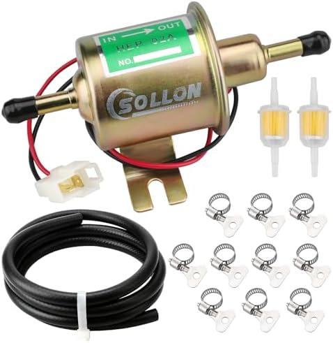 Electric Fuel Pump Kit 12V Universal Low Pressure Transfer Inline with 10pcs Hose Clamps 6.56 FT 5/16" ID Fuel Line 2pcs Fuel Filters for Lawn Mower Carburetor Gas Diesel Engine 3-6 PSI HEP-02A Gold