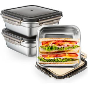 Blushtier 2 Pack Stainless Steel Sandwich Containers with Lids 25.4 oz Metal Food Container for Lunch Boxes with Airtight Silicone Seal for Sandwiches and Snacks(Black)