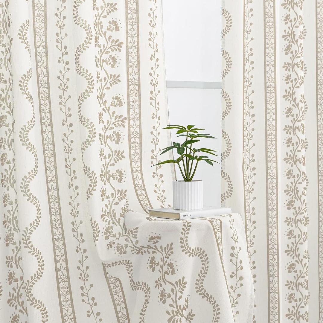 Beige Cream and Taupe Neutral Floral Farmhouse Curtains, Vintage Antique Botanical Pattern Sheer Natural Fabric Linen Drapes for Living Room Bedroom Dining Room 84 Inches Long