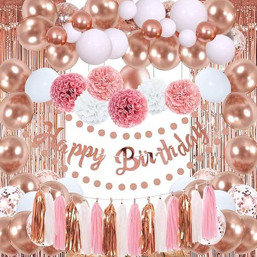 Rose Gold Pink Birthday Party Decorations Women, Happy Birthday Banner, 2PCS Fringe Curtains, Circle Dots Garland, Tissue Paper Pompoms, Paper Tassels Garland Kit for Women Girls Men Birthday Party Supplies