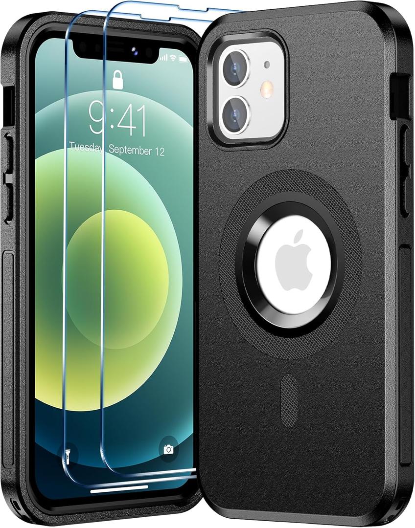 Magnetic for iPhone 12 Case,iPhone 12 Pro Case[Compatible with Magsafe][Military Drop Protection] [2 Pcs Glass Screen Protector] Shockproof Phone Case,Black