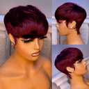 Pixie Cut Wig for Black Women Human Hair Short Bob Wigs for Women Straight Layered Wavy Wigs Glueless Full Machine Made Short Bob Wig Burgundy Human Hair No Lace front Wig with Bangs (99J#)