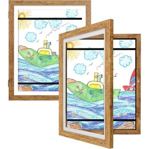 Kids Art Frames 10x12.5 Set of 2 - Front Opening Childrens Picture Frame Changeable, Wood Artwork Display Storage for Wall Mount, Magnetic Door Holds 50 Art Pieces for Drawings, 3D Picture, Crafts, Portfolio, Brown