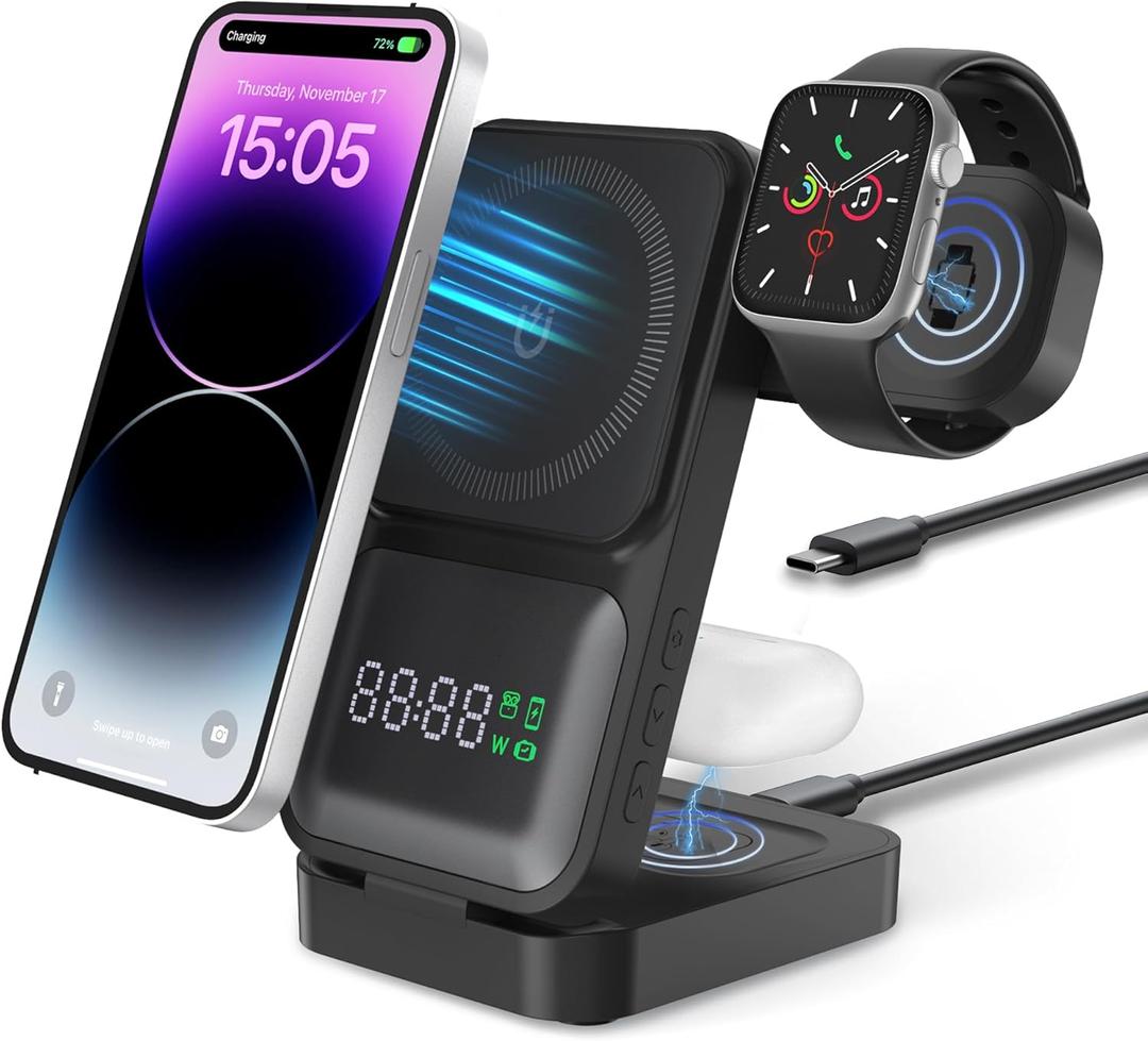 4 in 1 Wireless Charging Station for Multiple Devices,15W Foldable Wireless Charger Stand with Time,Compatible with iPhone12-15 Series, Apple Watch, AirPods - Gifts for Men &Women(NO Adapter)