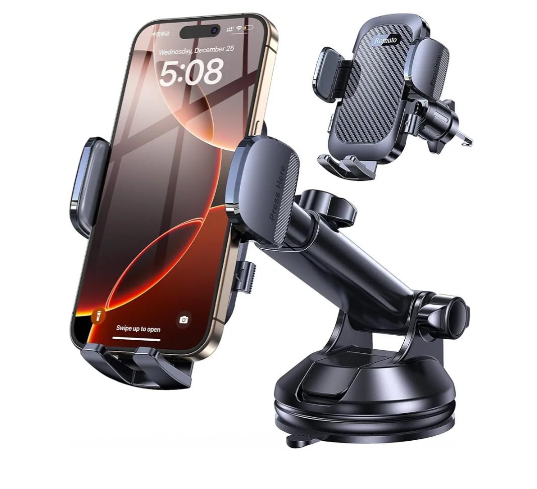 Romuto Phone Holders for Your Car Phone Holder Mount【Super Suction】Cell Phone Mount for Car Accessories for Women Men Windshield/Vent/Dash Truck Stand Desk Mount Clamp Holder for iPhone Samsung Camera