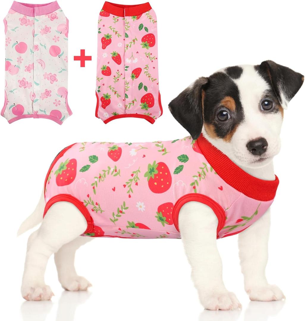 SAWMONG 2 Pack Recovery Suit for Dogs After Surgery, Dog Recovery Suit Soft Polyester, Pet Spay Surgical Suit Female Male, Dog Onesie Body Suit Substitute E-Collar Cone(Strawberry+ Peach, Small)