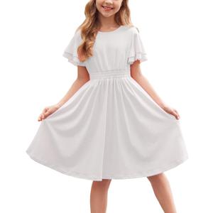 Arshiner Girl's Casual Dress Summer Scoop Neck Short Sleeve Flowy Print and Plain Sundress for Kids 4-14Y (11-12 Years, 0-white)