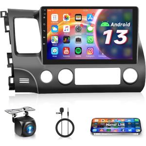 Car Radio for Honda Civic 2006-2011, Rimoody Car Stereo Android 13 GPS Navigation WiFi Mirror Link 10.1 Inch Touch Screen Bluetooth FM/RDS EQ SWC Rear View Camera Microphone