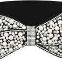 Elastic Pearl Belt Women Black Rhinestone Bow Tie Stretch Belts Sparkly Crystal Wide Waist Belts for Dress (L:Fit waist 34-46 inches)