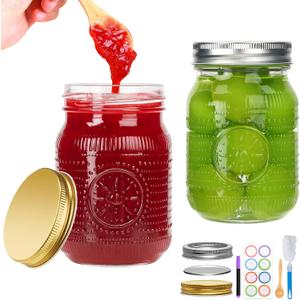 Encheng Regular Mouth Mason Jars 16 oz with Lids,Pint Canning Jars with Metal Lids and Bands for Jelly, Jam, Candy, Pickles, Preserving,Fermenting,DIY Crafts,2 Pack - Two Types of Lid Included