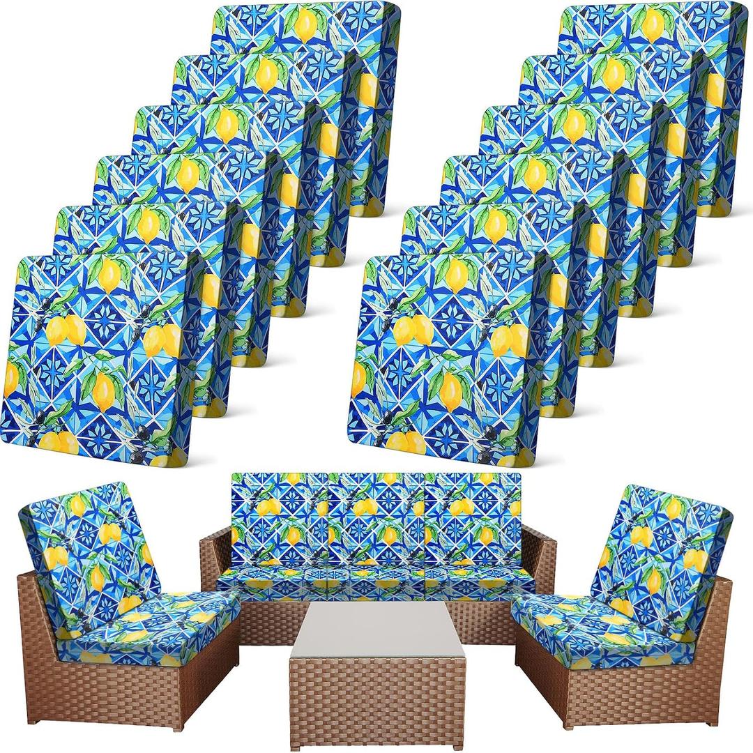 Newwiee 12 Pcs Patio Cushion Covers Outdoor Stretch Sofa Couch Cover Replacement Couch Slipcover Sofa Seat Chair Porch Patio Furniture Protector, Flexibility Washable(Blue Series,Yellow Lemon)