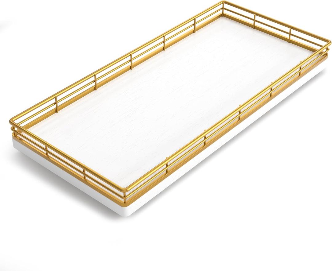 Bathroom Toilet Tank Tray, 13" Wood Toilet Paper Storage Basket Tray Back of Toilet Basket Organizer,Vanity Tray for Perfume Makeup Candle Decor, Gold & White (13" x 6.5" x 1.5")