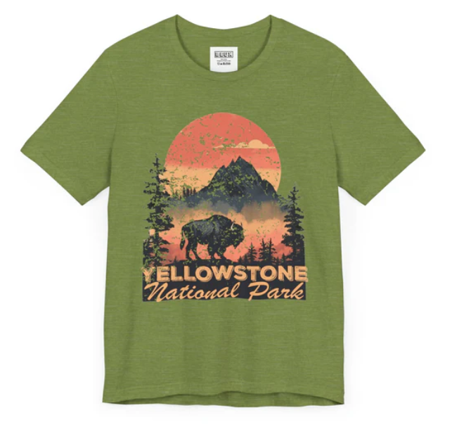 Womens Vintage Retro Yellowstone National Park Hiking V-Neck T-Shirt (Green, S)